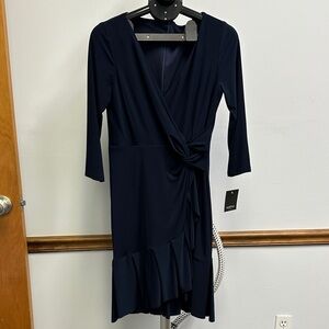 NWT Marina Classic Navy Wrap-Front Long Sleeve Dress with Ruffle Hem